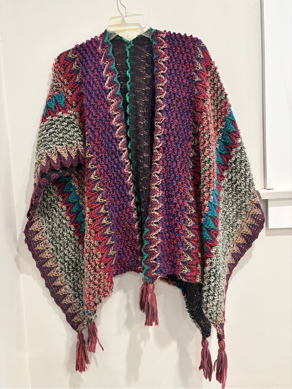 Women’s Acrylic Knit Geometric Multicolor Fringe Tassel Shawl Wrap Poncho